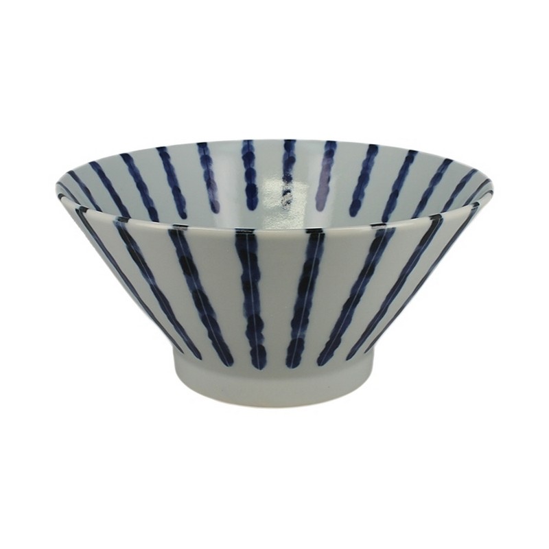 Ciotola conica bianca a strisce blu in ceramica di artigianato giapponese, utilizzabile in lavastoviglie e microonde